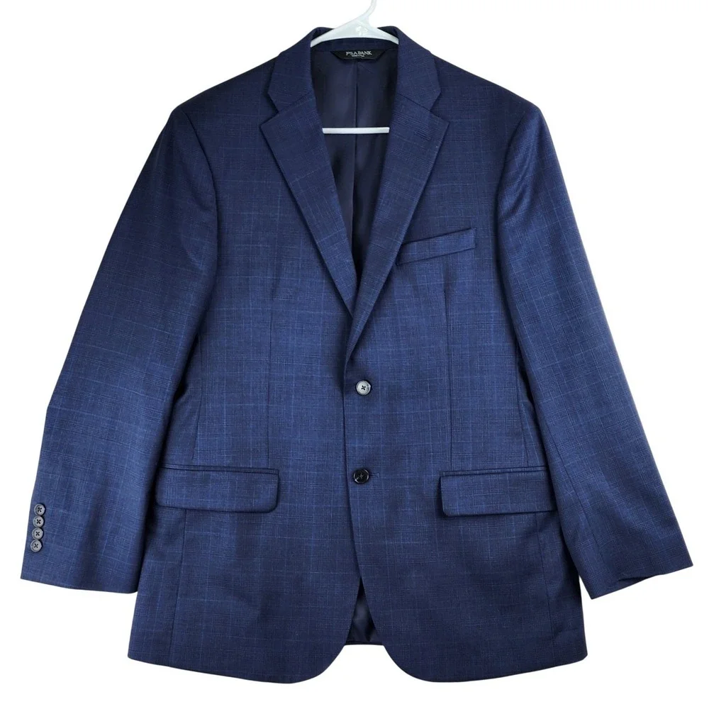 Jos A Bank Traveler Blazer Mens 41R Blue Glen Plaid 100% Wool Sport Coat Classic